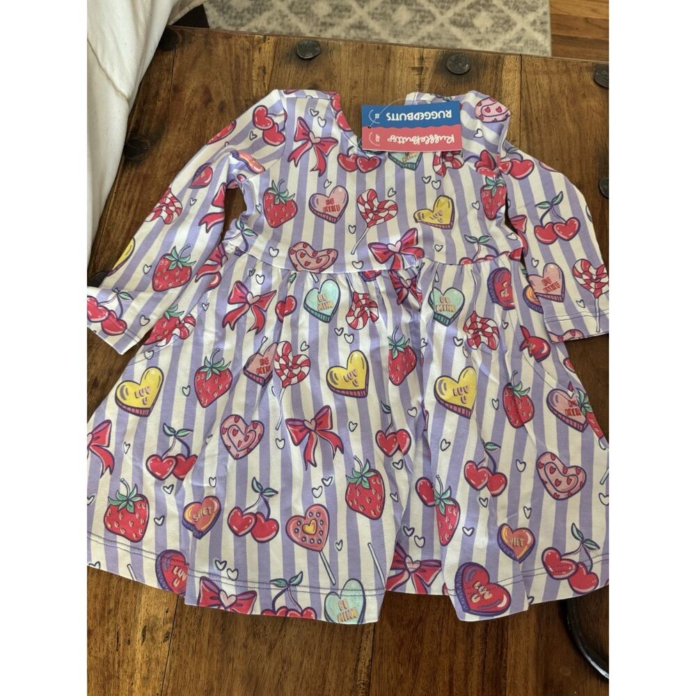 Rufflebutts NWT Lolly Hearts Knit Long Sleeve Twirl Dress With Bow 18-24 Months